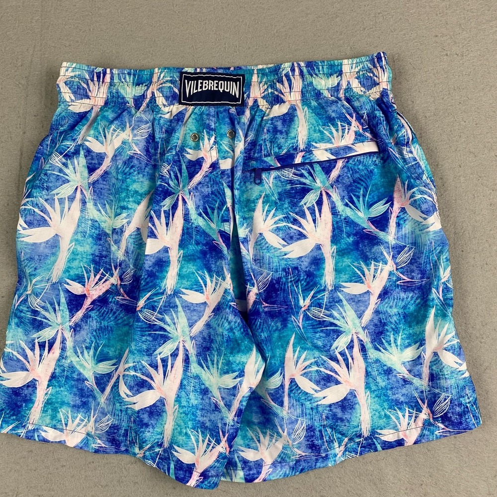 Vilebrequin Mens L Blue Purple Paradise Leaf Print Swim Trunks Mahina